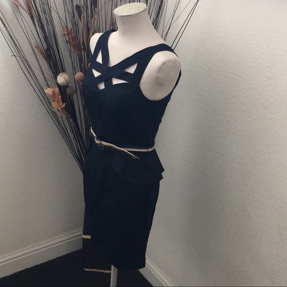 NWOT - XOXO Dark Blue Peplum Waist Career Dress - Picture 3 of 9